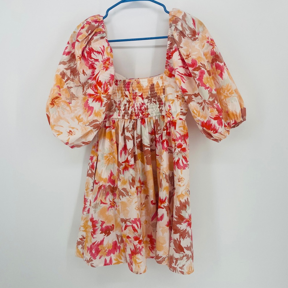 Abercrombie & Fitch Floral Puff Sleeve Pleated Mini Dress Orange Pink size XS - Picture 11 of 14
